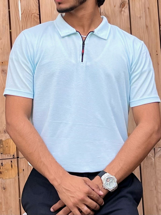 Sky Blue Textured Zip Neck Polo Shirt-summer collection
