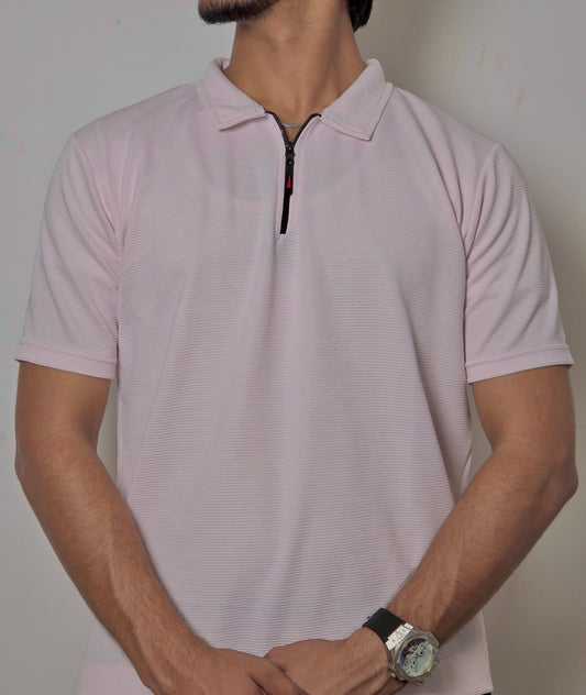 Baby pink Textured Zip Neck Polo Shirt-summer collection